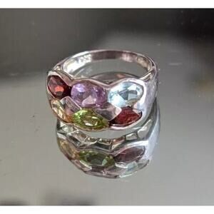 Sterling Silver Multi Color Gemstone Cluster Ring Wide Band Sz 7.75 Rainbow